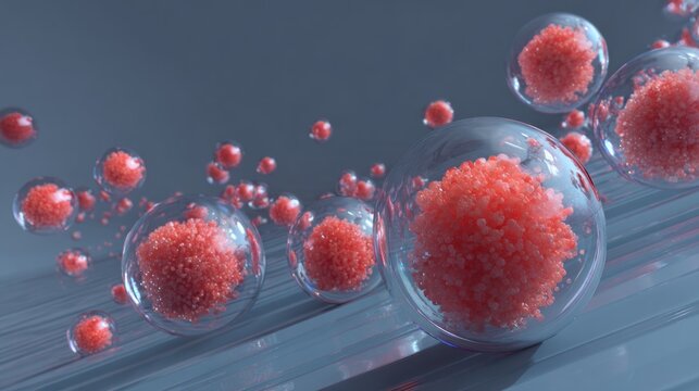 Microscopic Coral Cell Clusters in Transparent Spheres on Blue Background. AI generative