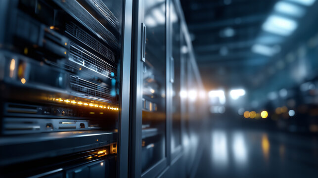 Grand AI powered data facility with machine computation optimization blurred server environment algorithm scaling operations massive linguistic framework hub technology