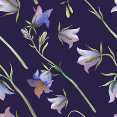 Diagonal seamless pattern with bell colors. Watercolor illustration with blue wildflowers on a dark blue background. Botanical background for textiles, wallpaper, dishes.