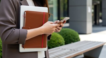 a stylish woman holds a laptop and notebook simultaneously checking her smartphone while standing outdoors near foliage and a bench