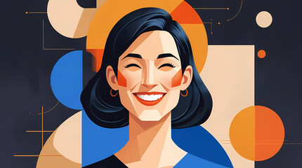 Smiling woman portrait with geometric shapes radiates joy, perfect for positive messaging and modern design