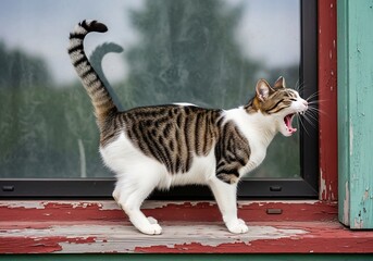 a tabby cat with a white chest and striped markings yawns widely while standing on a weathered windowsill