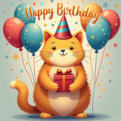 A cartoon cat wearing a party hat holds a gift box surrounded by colorful balloons and stars, with Happy Birthday written above.