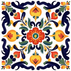 Ethnic folk ceramic tile in asulejos style with fruit or floral ornament