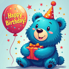 A cartoon blue bear wearing a party hat, holding a wrapped gift and a Happy Birthday balloon, surrounded by colorful stars and dots on a light blue background.