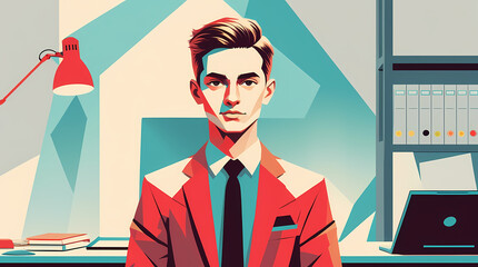 Stylish young professional man in red suit ready for business at his modern office space setup