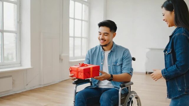 Person in wheelchair receiving a gift.