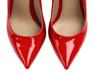 Red high heels pair, top view, isolated on transparent background, fashion footwear, glossy finish, sharp focus