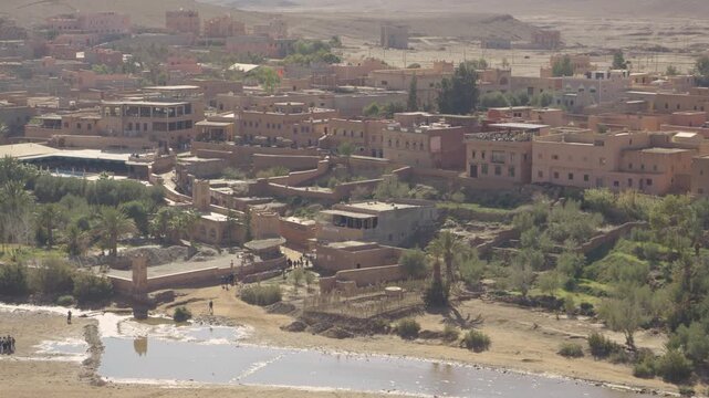 Panoramic video of Ait Ben Haddou in Morocco, showcasing its ancient clay architecture, desert landscape, and iconic UNESCO heritage site.