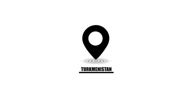 Black location pin icon with concentric circles and Turkmenistan text on white background map marker