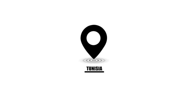 Black location pin icon with concentric circles and Tunisia text on white background map marker