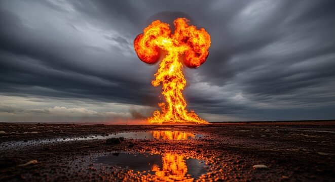 Massive fiery mushroom cloud explosion illuminating a desolate, muddy landscape under a dark, ominous sky