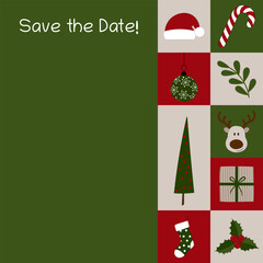 Save the Date - Schriftzug in englischer Sprache - Termin vormerken. Quadratische Einladungskarte mit Weihnachtssymbolen.