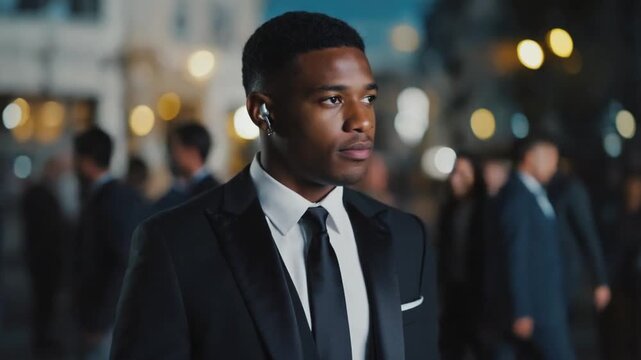 Security officer with earpiece on a red carpet.