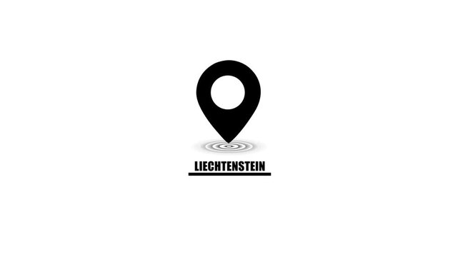 Black location pin icon with the word Liechtenstein on a white background map marker navigation