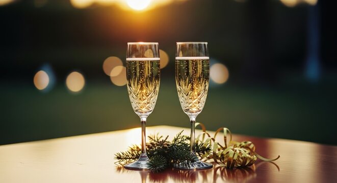 Two elegant glasses of bubbly sparkling wine on an outdoor table with pine branches and golden ribbon at sunset