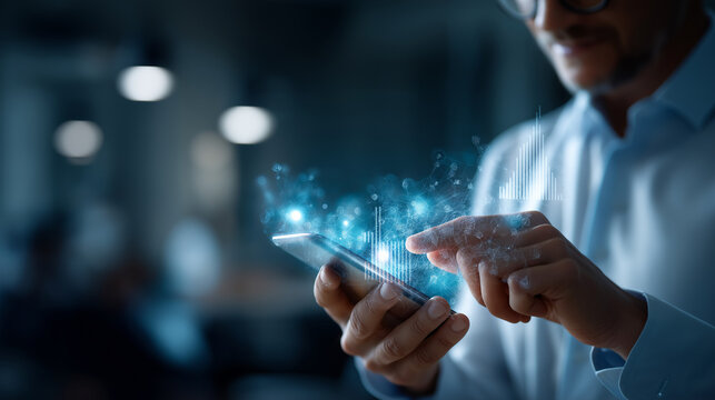 Professional using mobile device with AI analytical platforms soft workspace machine computation data predictive evaluation linguistic interpretation computer vision