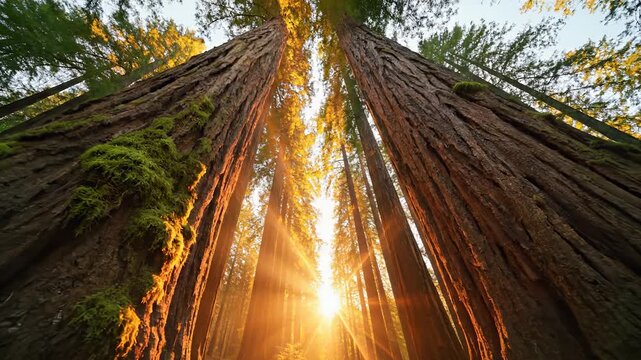 Tall redwood trees rise majestically as sunlight filters through the forest canopy, illuminating the ground below. The redwood trees create a serene setting that invites exploratio