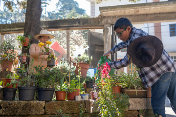 Mexican grandmother and grandson gardening together, nurturing plants outside