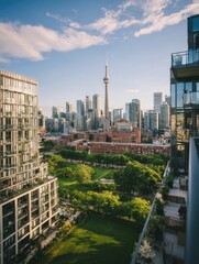 Fototapeta premium Sunny Afternoon View of Torontos Skyline Featuring Green Parks and the CN Tower in the Background With Modern Buildings Surrounding the Scene