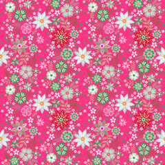 Delicate floral embroidery on fuchsia background. Romantic natural print for fabric. Embroidered flowers and leaves. Seamless pattern 