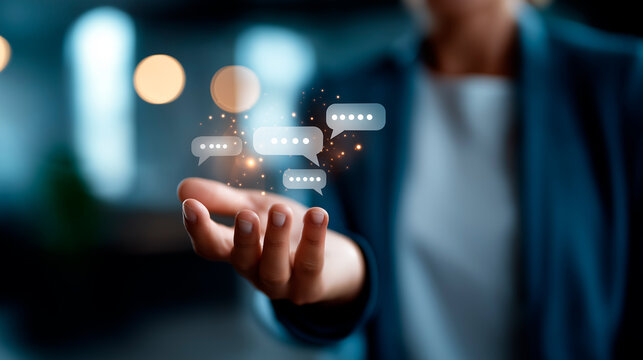 Executive hand displaying conversation bots with global networking defocused background AI virtual support automated client service linguistic interpretation real time