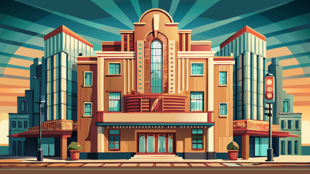 Very beautiful illustration of the Fargo Theater in North Dakota, USA, showcasing its iconic Art Deco marquee and historic fa&ccedil;ade, with a clear view of architectural details and urban surroundings.