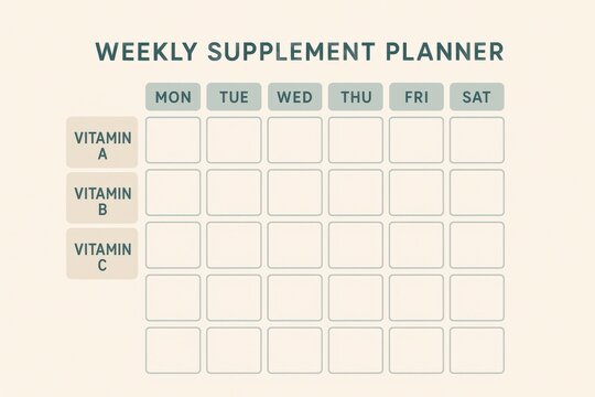 Weekly supplement planner template designed for organized health tracking, featuring clear sections for vitamins A, B, and C across the days of the week, optimized for wellness management