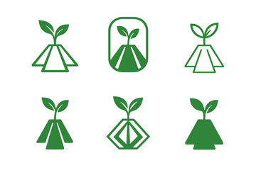 Eco Fashion Logos. Eco-conscious fashion shows and events. Icon set. Set Logo of green event: stage with plant spotlight. harmonious logo variations of the