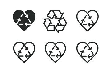Ethical Fashion Icons. Eco-conscious fashion shows and events. Icon set. Set Logo of ethical design: heart with recycling arrows. harmonious logo variations of