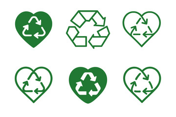 Ethical Fashion Icons. Eco-conscious fashion shows and events. Icon set. Set Logo of ethical design: heart with recycling arrows. harmonious logo variations of