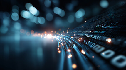 Close up binary code digital art depiction blurred bokeh effects cool blue color tones data visualization programming symbolism computational representation with copy space