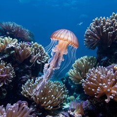 Fototapeta premium Colorful jellyfish floating amidst vibrant coral reef underwater 