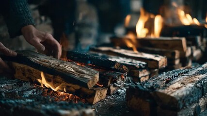 Medium shot of artisan carefully charring wooden planks using traditional methods to enhance fire resistance and texture - Powered by Adobe