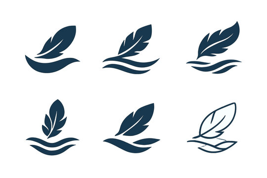 Fabric Care Logos. Laundry and clothing hygiene. Icon set. Set Logo of soft fabric: feather floating over fabric wave. harmonious logo variations of the same