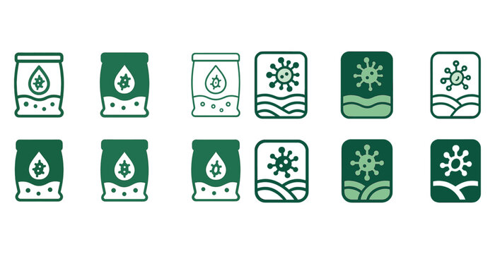 Green agricultural and microbial icon set for fertilizer and natural farming