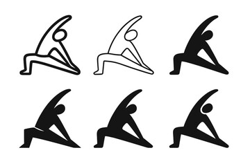 Fitness Icon Variations. A personal trainer demonstrating a workout move for a client. Icon set. Set Logo of flexibility training: stretching silhouette.