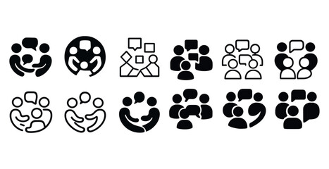 Diverse communication icons set depicting group discussions and conversations