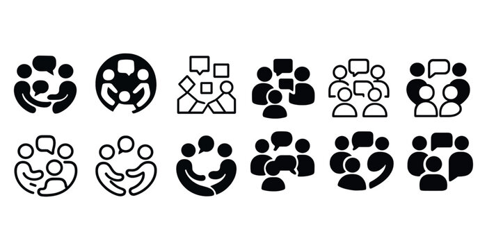 Diverse communication icons set depicting group discussions and conversations