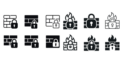 Firewall and security lock icons set for digital protection