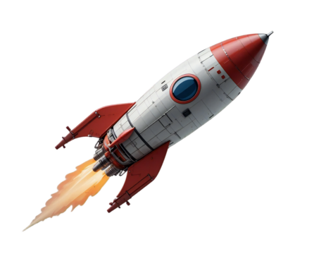 Retro red and white rocket ship blasting off with fiery exhaust isolated on transparent background