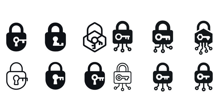 Set of eleven black lock and key icon designs for security