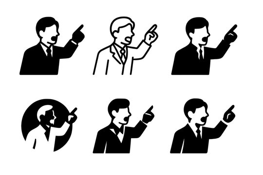 Objection Icon Set. Lawyer Making Objections. Icon set. Set Logo of Courtroom Objection: confident attorney shouting ?Objection?. harmonious logo variations of