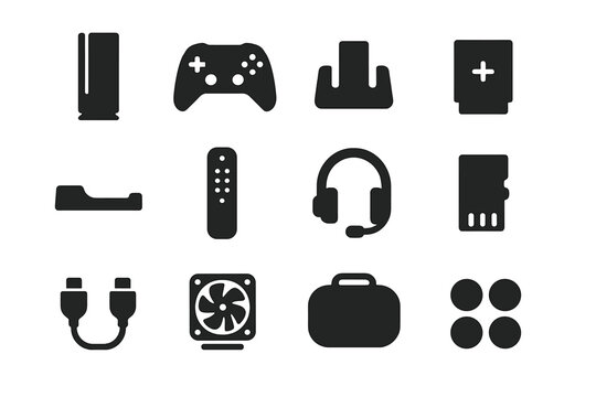Console Accessories Icons. Console Accessories. Solid icon set of Console Accessories: console, gamepad, charging dock, battery pack, console stand, media