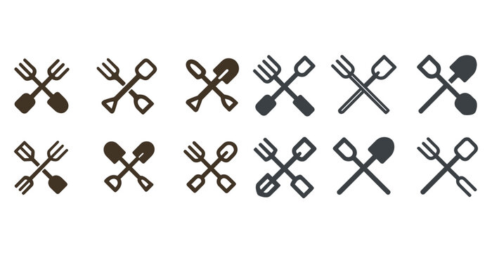 Set of garden tool icons: rustic crossed shovel and pitchfork designs