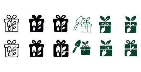 Gardening gift icons set: shovel, plants, packages in black and green