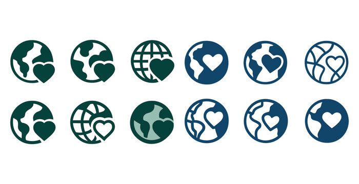 Variety of earth and heart symbols in different circular designs
