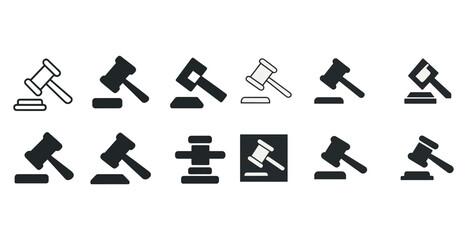 Set of gavel icons in various styles for legal and justice themes