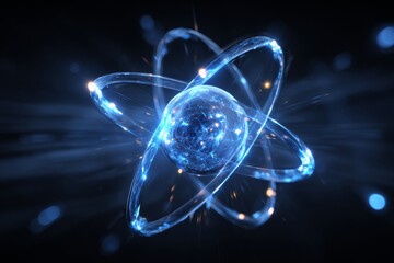 This artwork showcases a blue atomic structure where electrons revolve around a luminous nucleus. The vivid energy creates a striking contrast against the dark backdrop, illustrating atomic dynamics