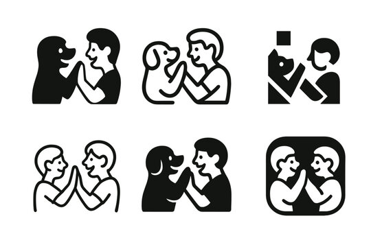 Joyful Pet Logos. joyful pets playing with their owners. Icon set. Set Logo of joyful pets playing with their owners: pet and owner high five. harmonious logo